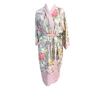 Handprint botanical bird print belted robe kimono 100% cotton one size boho chic